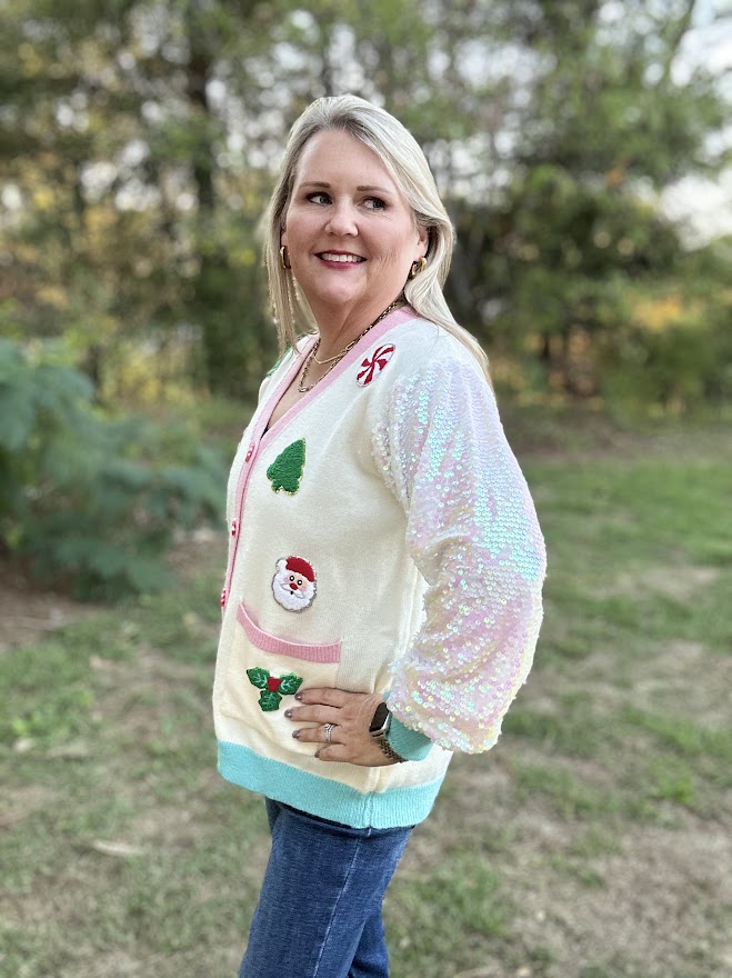 Christmas Applique Sequin Sleeve Button-Down Cardigan