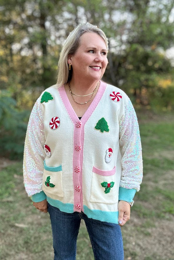 Christmas Applique Sequin Sleeve Button-Down Cardigan
