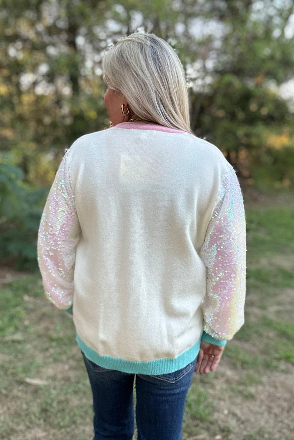 Christmas Applique Sequin Sleeve Button-Down Cardigan