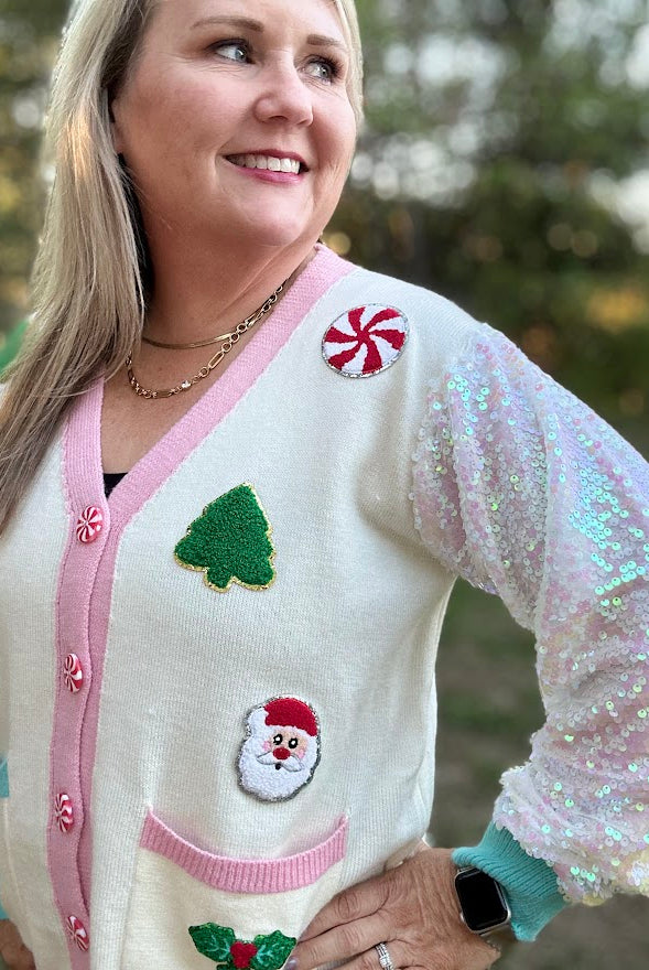 Christmas Applique Sequin Sleeve Button-Down Cardigan