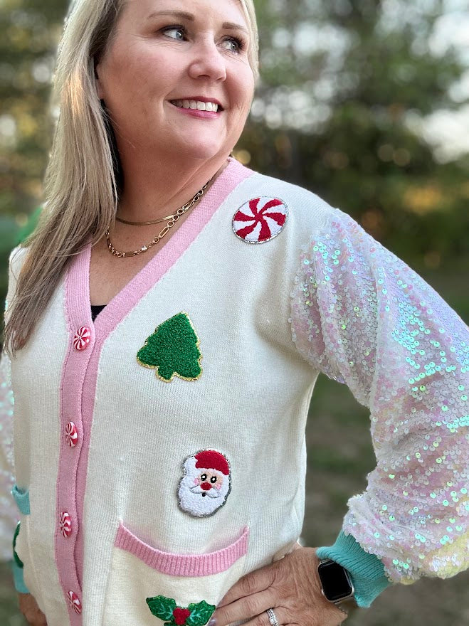 Christmas Applique Sequin Sleeve Button-Down Cardigan