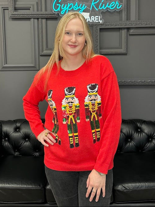 Christmas sweater, sequin sweater, nutcracker sweater, holiday outfit, festive top, red Christmas pullover, boutique holiday wear, sparkle sweater, Christmas party outfit, winter knit sweater