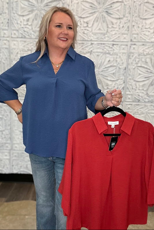 Collared V-Neck 3/4 Sleeve Blouse