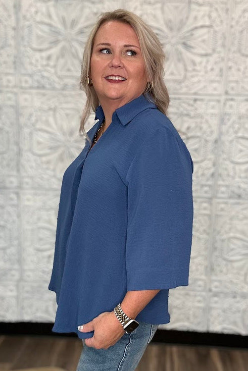 Collared V-Neck 3/4 Sleeve Blouse