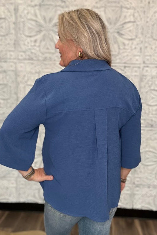 Collared V-Neck 3/4 Sleeve Blouse