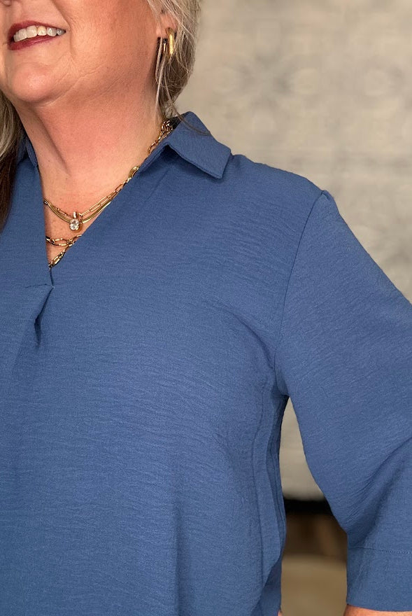 Collared V-Neck 3/4 Sleeve Blouse