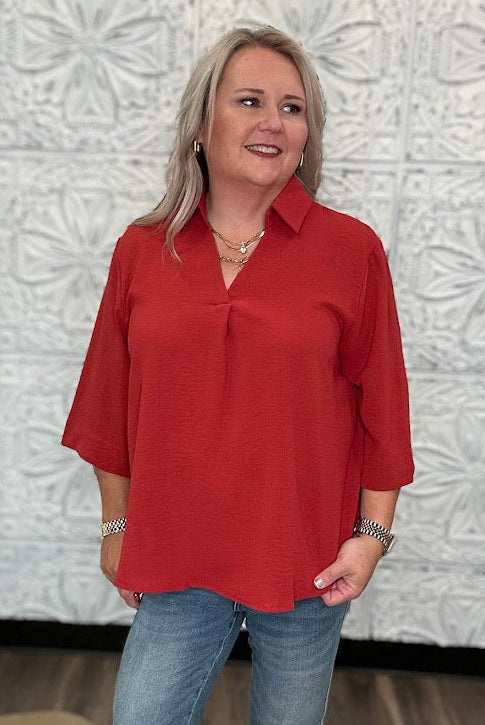 Collared V-Neck 3/4 Sleeve Blouse