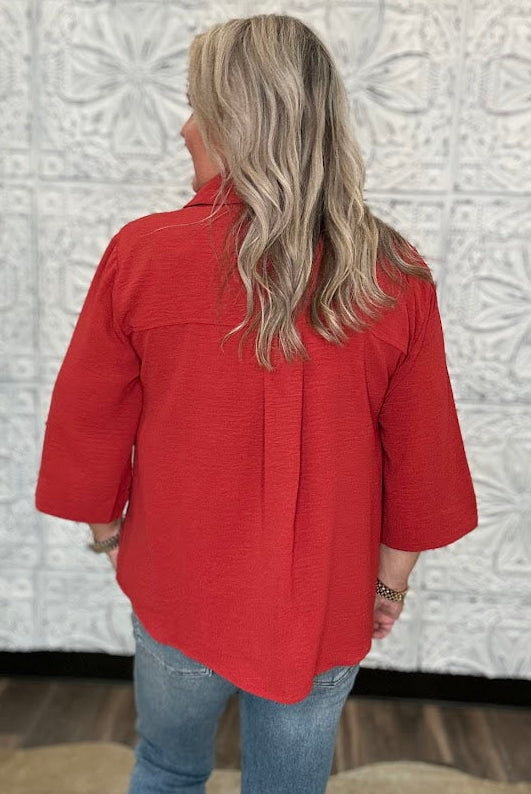 Collared V-Neck 3/4 Sleeve Blouse