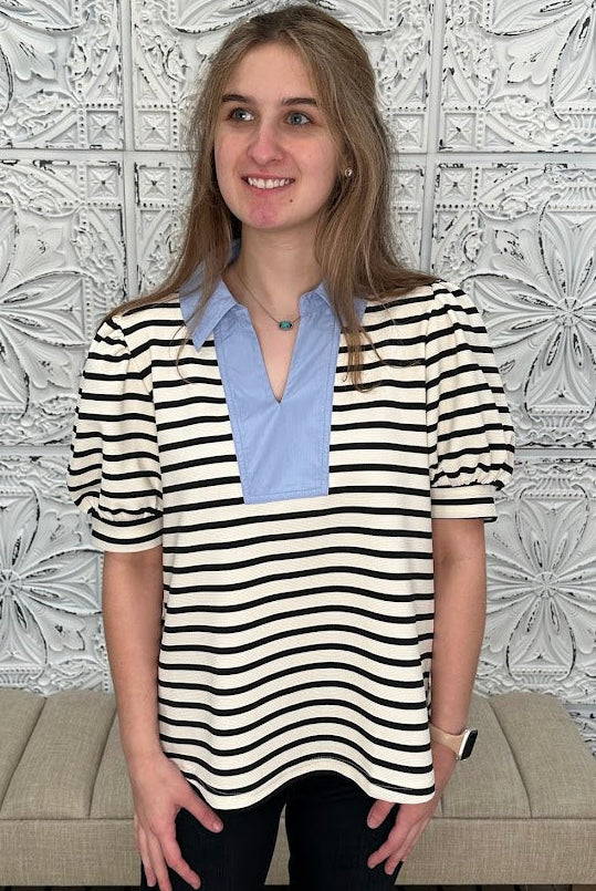 Contrast Collar Ribbed Stripe Top