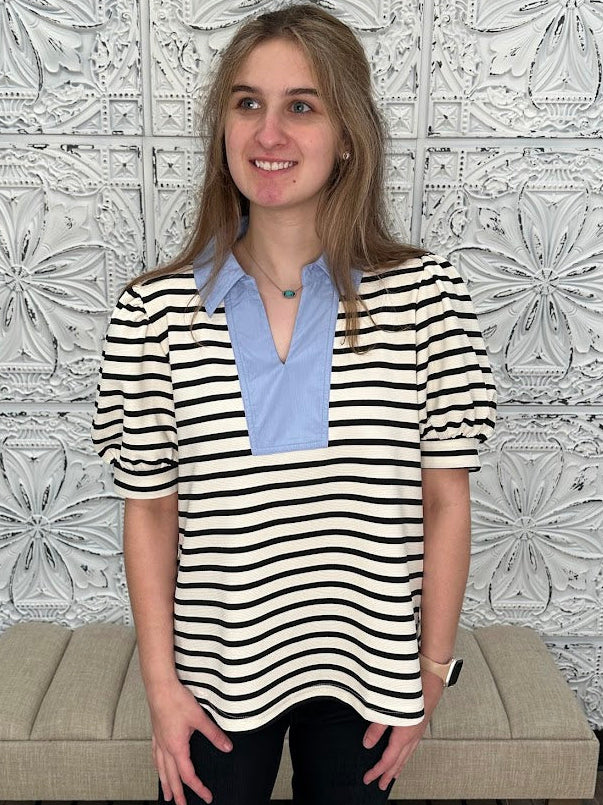 Contrast Collar Ribbed Stripe Top