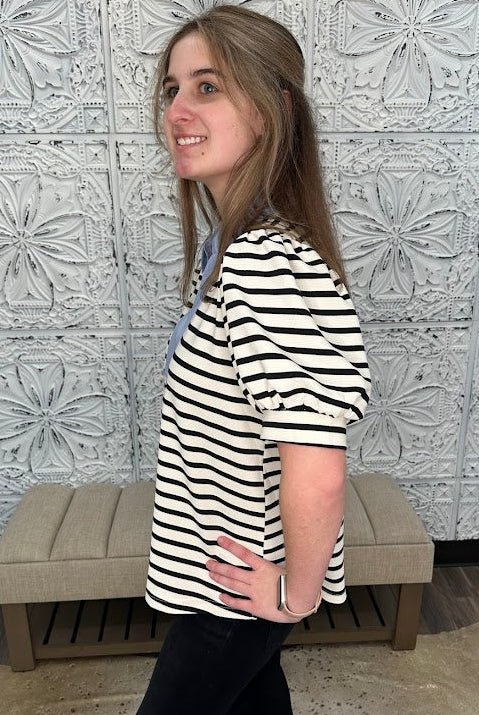 Contrast Collar Ribbed Stripe Top