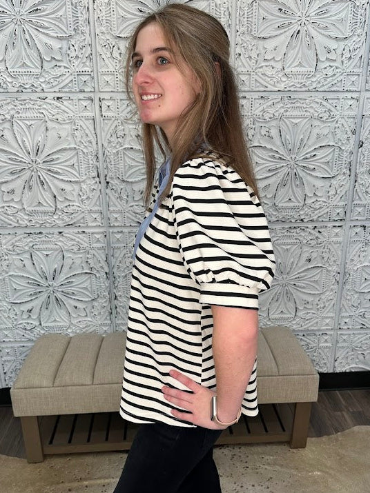 Contrast Collar Ribbed Stripe Top
