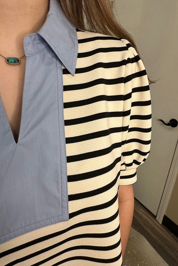 Contrast Collar Ribbed Stripe Top