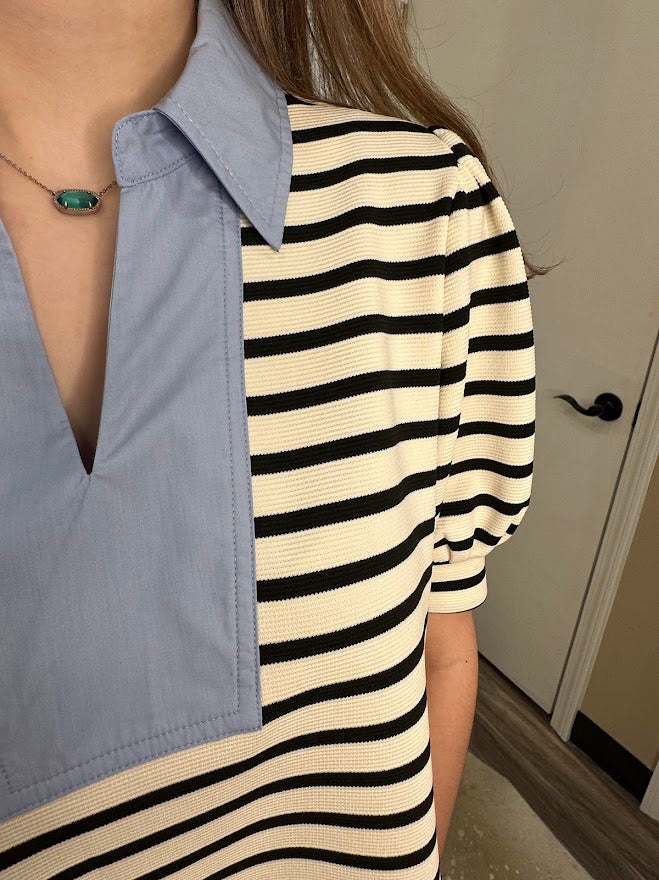 Contrast Collar Ribbed Stripe Top