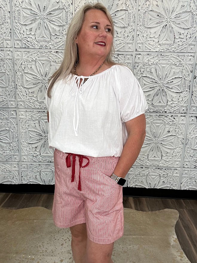 Contrast Tie Waist Striped Linen Blend Shorts