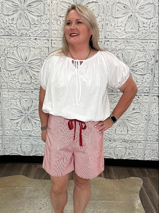 Contrast Tie Waist Striped Linen Blend Shorts