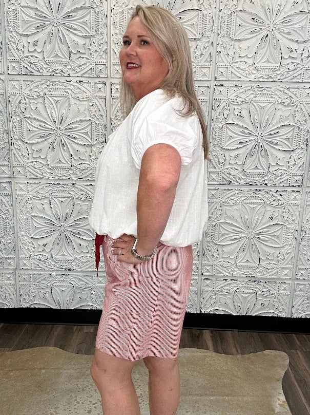 Contrast Tie Waist Striped Linen Blend Shorts