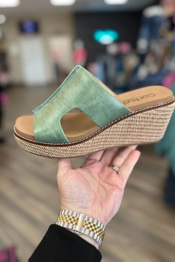 corkys wedges, green wedge sandals, corkys platform sandals, braided wedge shoes, comfortable wedges for women, corkys sandals, spring wedges, summer platform sandals