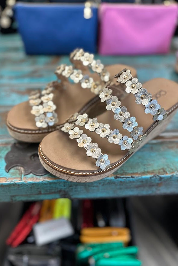 corkys wedges, corkys lets be friends sandals, gold wedge sandals, floral wedge sandals, cork platform wedges, comfortable corkys shoes