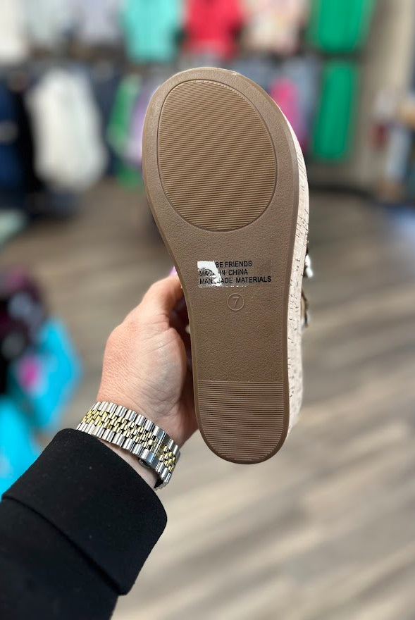 corkys wedges, corkys lets be friends sandals, gold wedge sandals, floral wedge sandals, cork platform wedges, comfortable corkys shoes