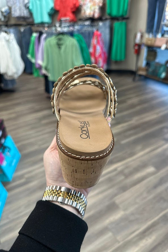 corkys wedges, corkys lets be friends sandals, gold wedge sandals, floral wedge sandals, cork platform wedges, comfortable corkys shoes