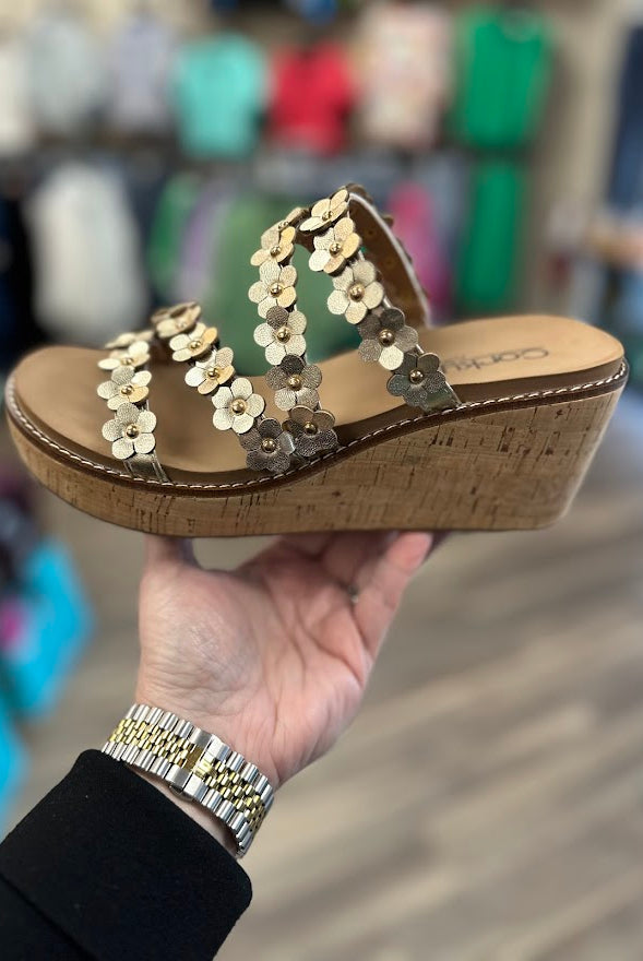 corkys wedges, corkys lets be friends sandals, gold wedge sandals, floral wedge sandals, cork platform wedges, comfortable corkys shoes