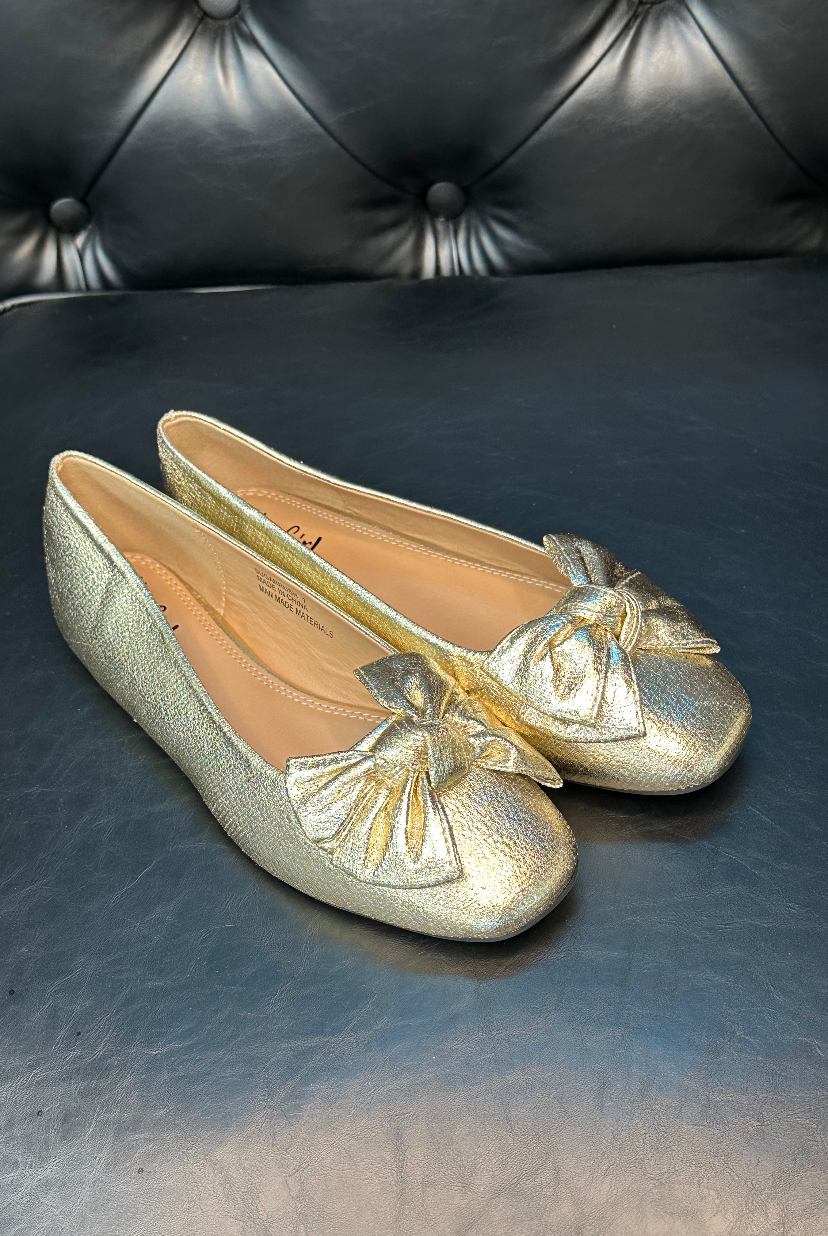 gold flats, metallic bow flats, women’s dressy flats, slip-on flats, comfortable gold shoes, glam bow flats, everyday gold shoes