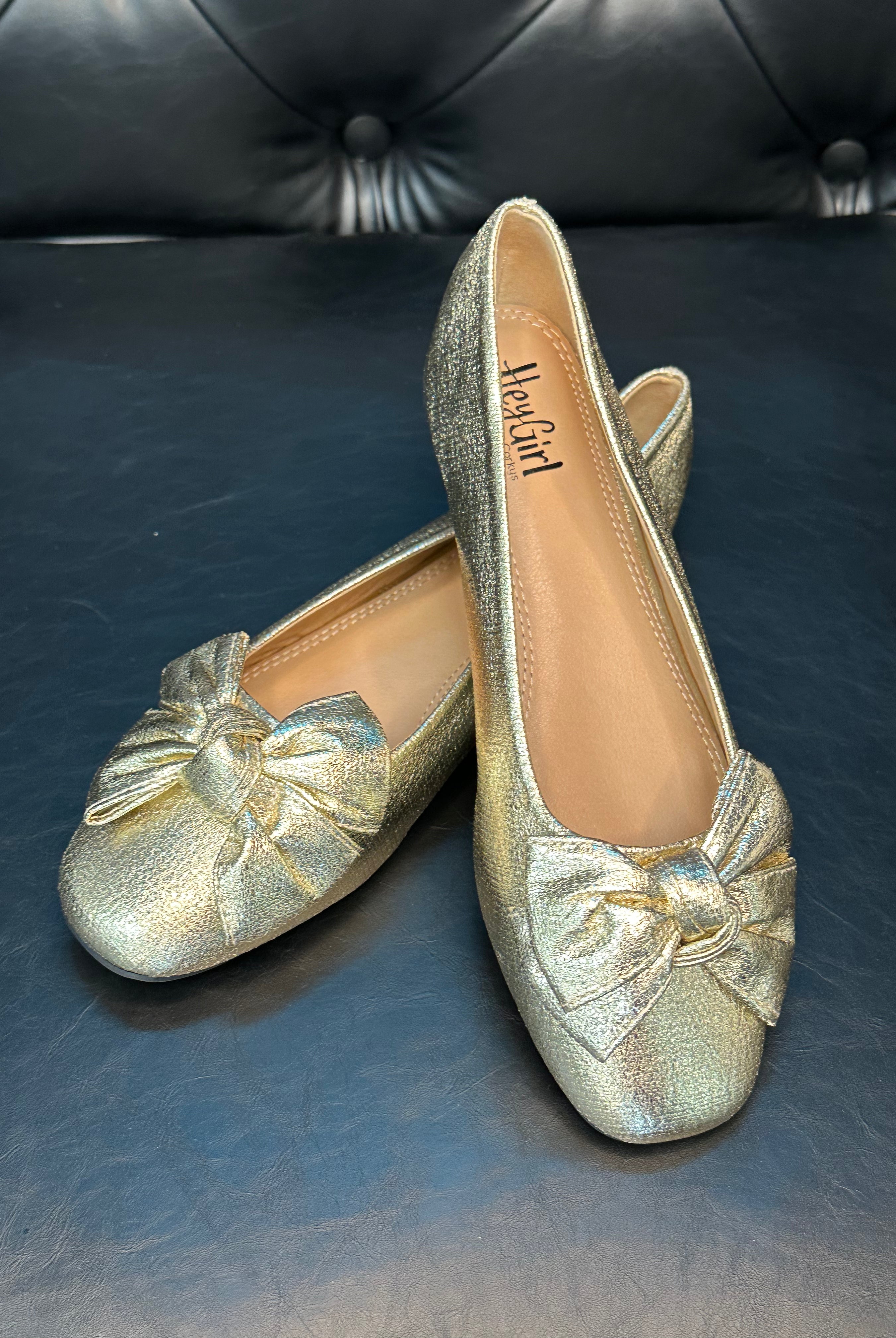 gold flats, metallic bow flats, women’s dressy flats, slip-on flats, comfortable gold shoes, glam bow flats, everyday gold shoes