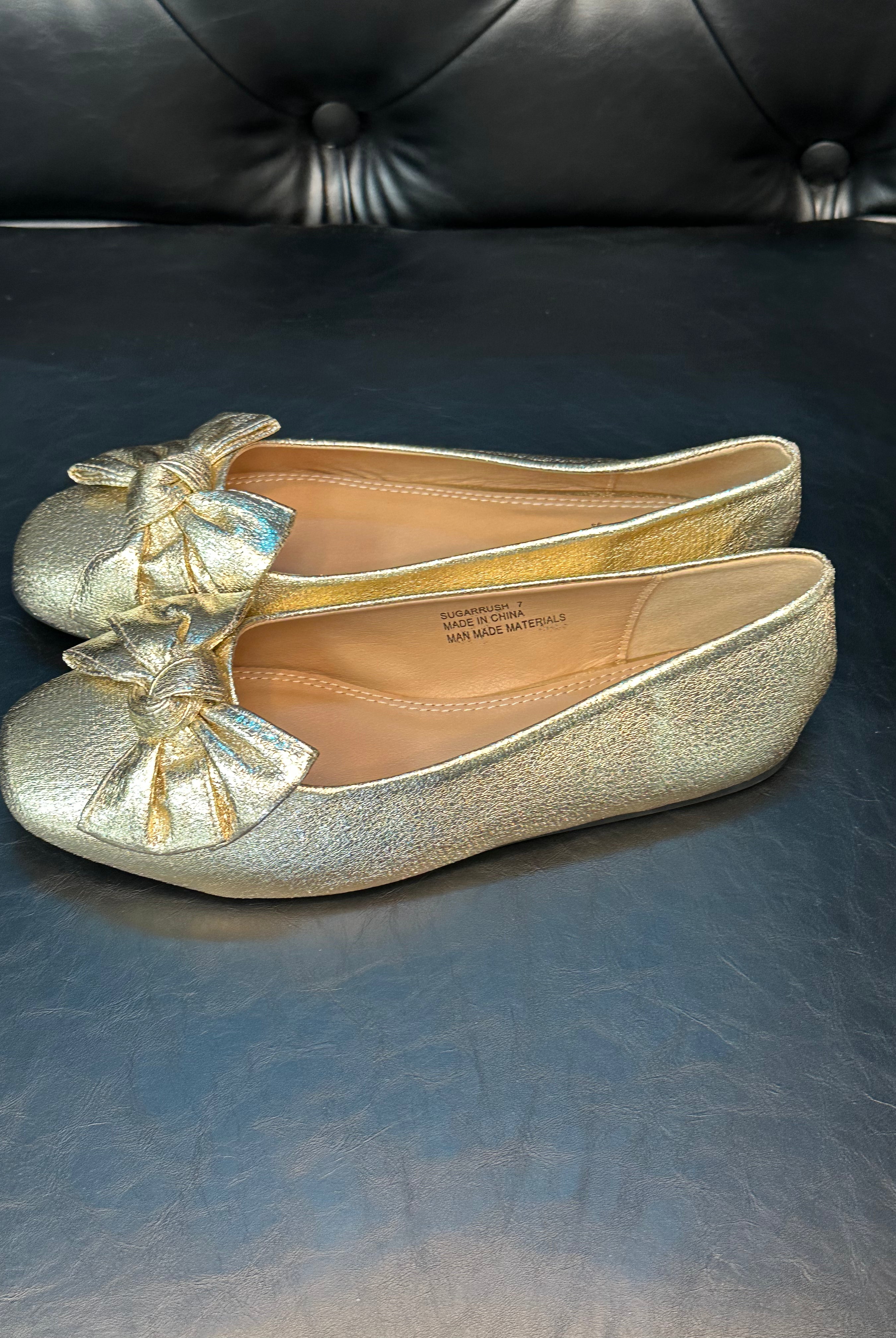 gold flats, metallic bow flats, women’s dressy flats, slip-on flats, comfortable gold shoes, glam bow flats, everyday gold shoes