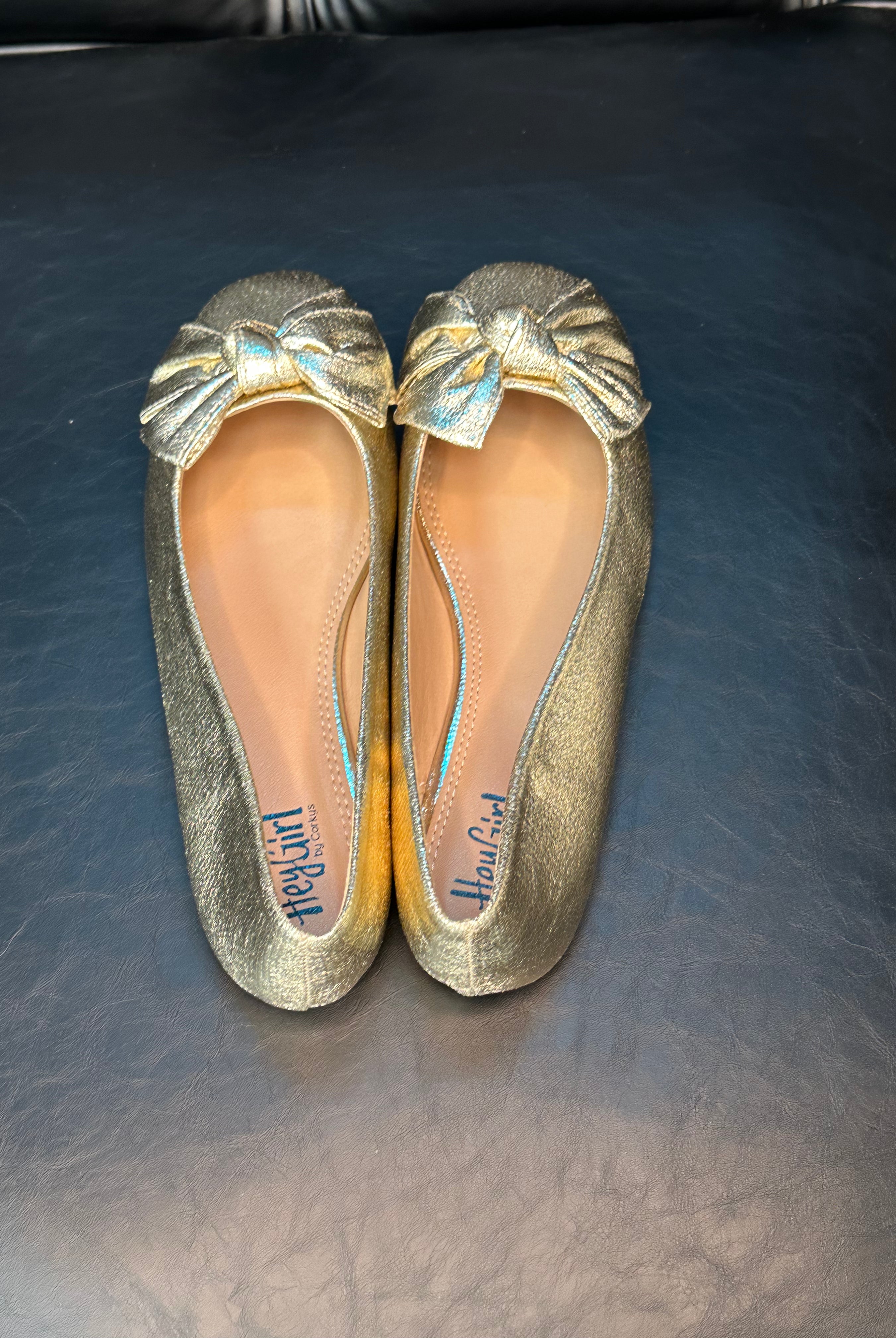 gold flats, metallic bow flats, women’s dressy flats, slip-on flats, comfortable gold shoes, glam bow flats, everyday gold shoes