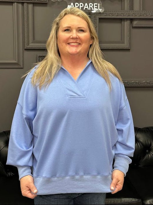 luxeknit sweatshirt, v neck pullover, women’s sweatshirt, boutique sweatshirt, soft lounge top, polo style sweatshirt