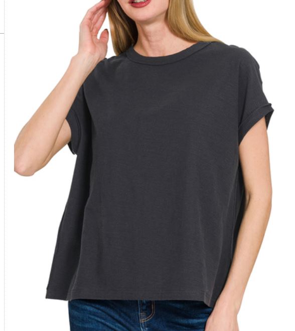 Cotton Slub Round Neck Short Sleeve Tee black zenana