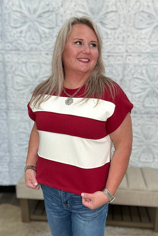 Crimson & Ivory Striped game day Top