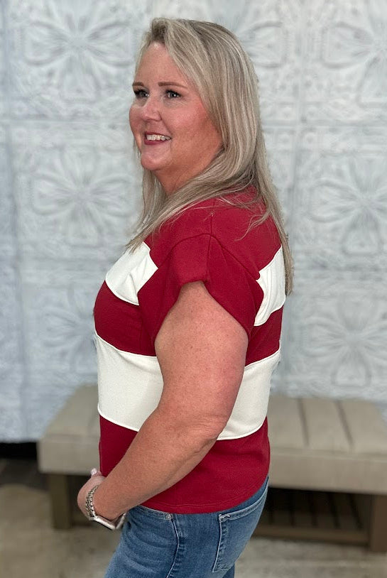 Crimson & Ivory Striped game day Top