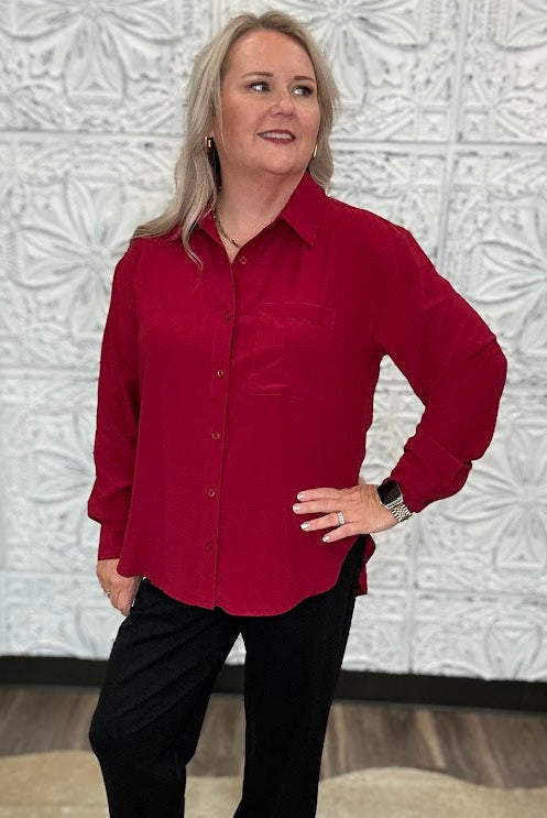 Crimson Satin Button-Front Blouse