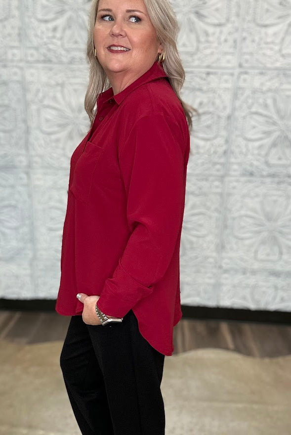 Crimson Satin Button-Front Blouse