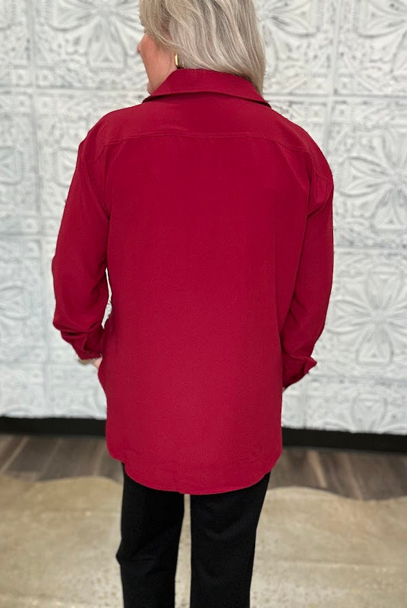 Crimson Satin Button-Front Blouse