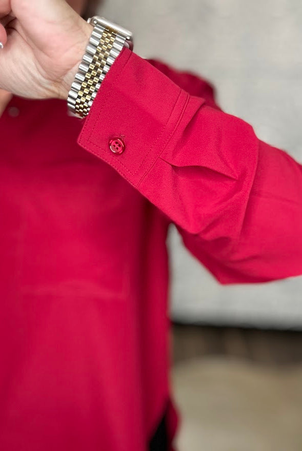 Crimson Satin Button-Front Blouse