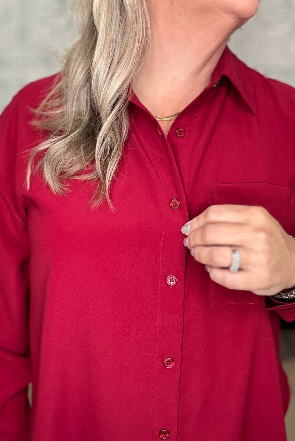 Crimson Satin Button-Front Blouse