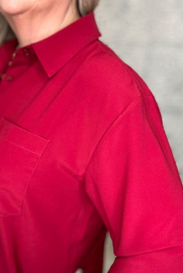 Crimson Satin Button-Front Blouse
