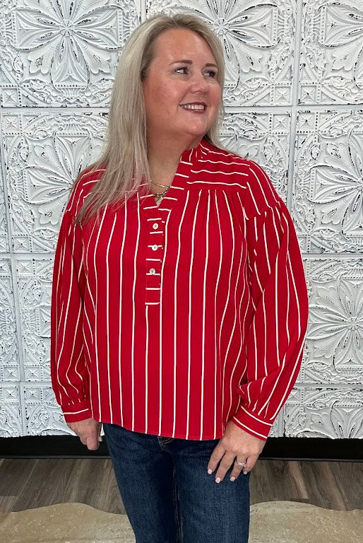 Crimson Stripe Button Front Blouse
