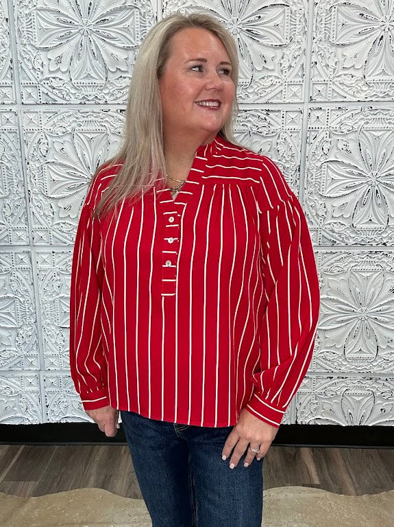 Crimson Stripe Button Front Blouse