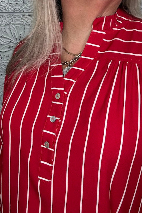 Crimson Stripe Button Front Blouse