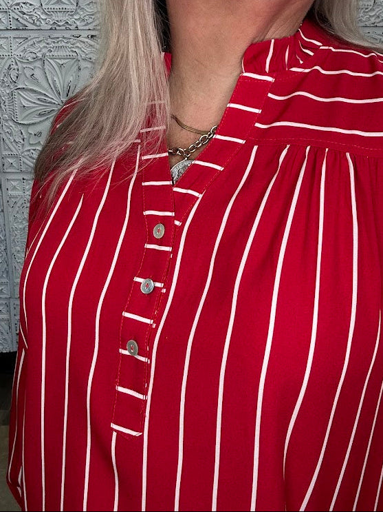 Crimson Stripe Button Front Blouse