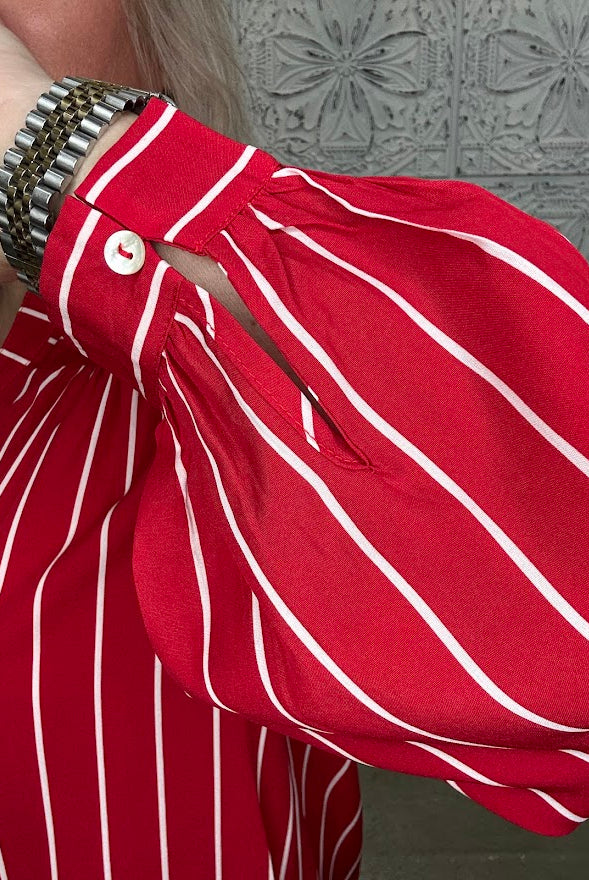 Crimson Stripe Button Front Blouse