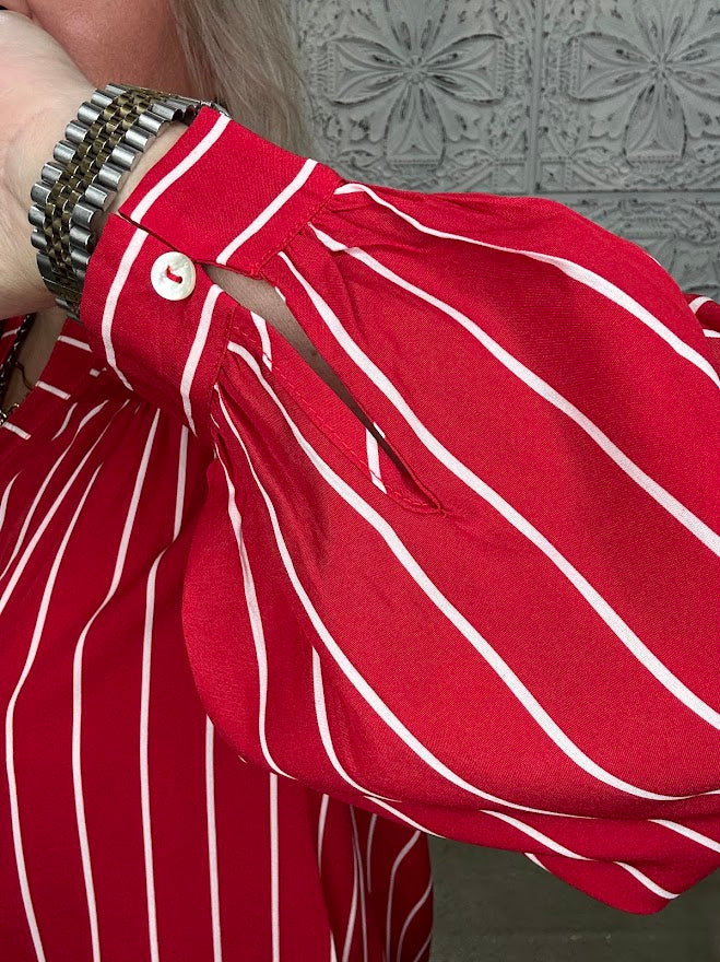 Crimson Stripe Button Front Blouse