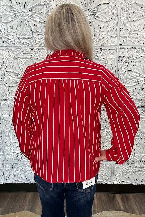 Crimson Stripe Button Front Blouse