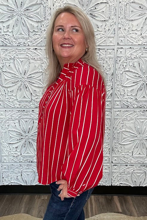 Crimson Stripe Button Front Blouse