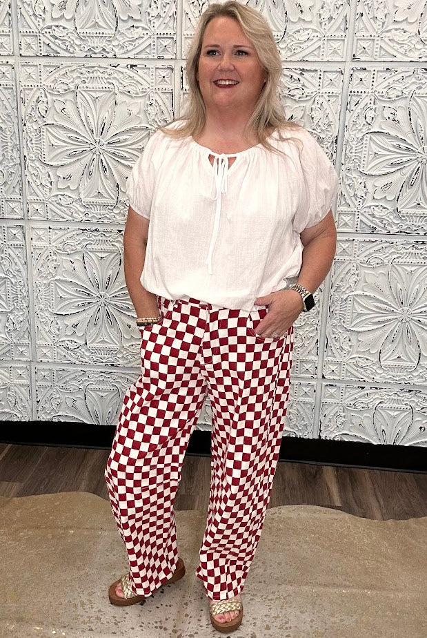 Crimson & White Checkerboard Barrel Pants