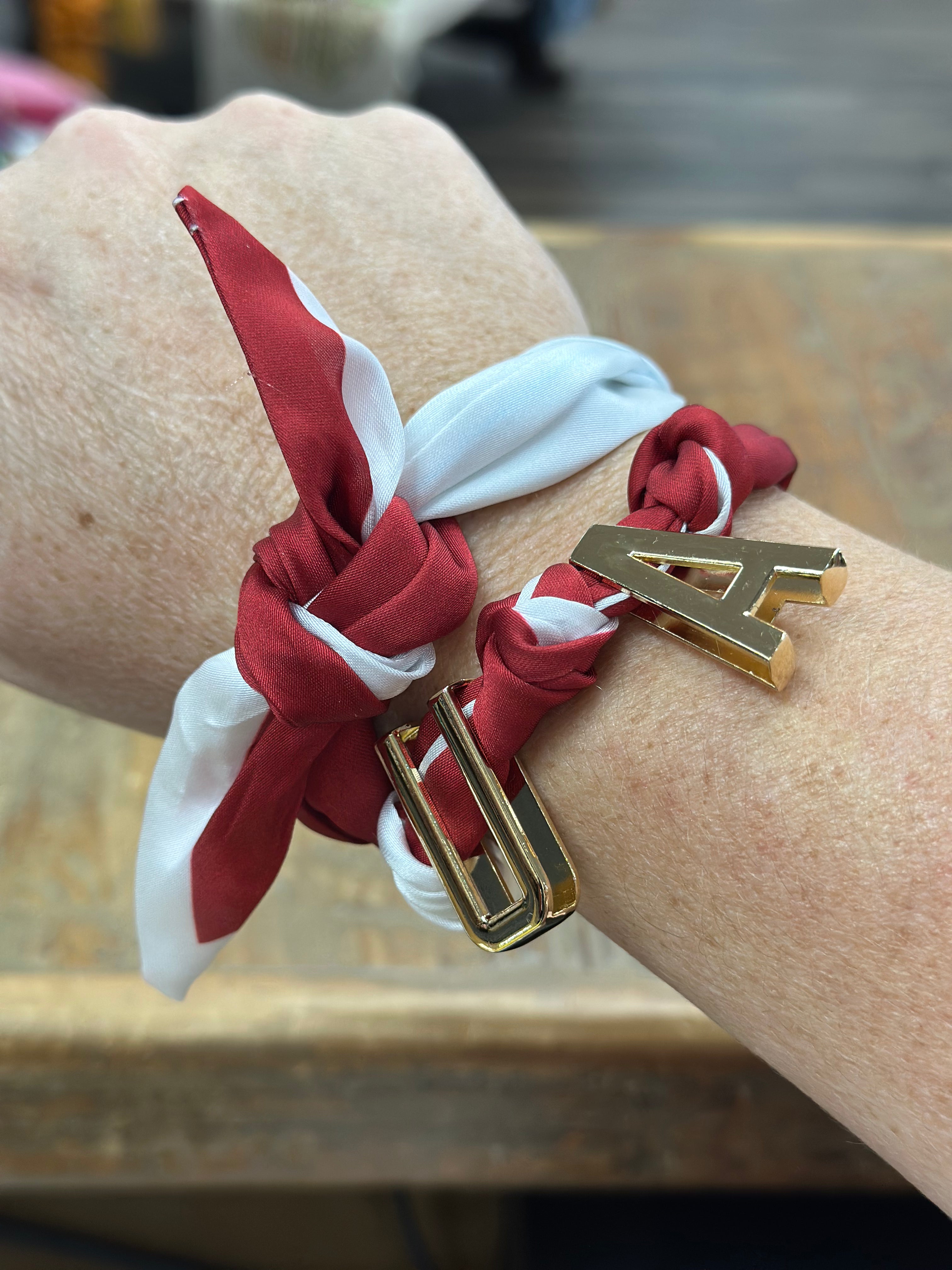 scarf necklace, versatile jewelry, Alabama game day necklace, U A accessory, bag charm, bracelet scarf, trendy fall accessories, crimson and white necklace